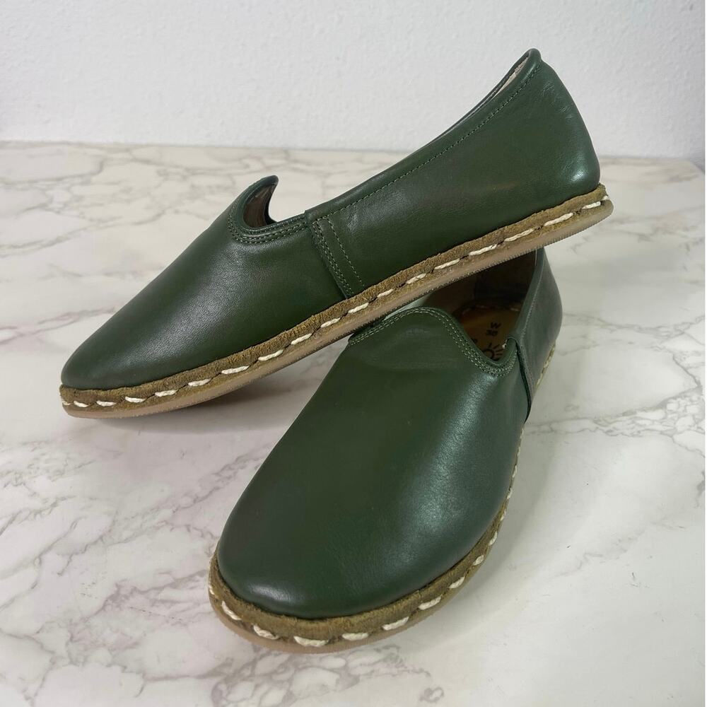 Sabah Denali Green Leather Slip On Loafers 38